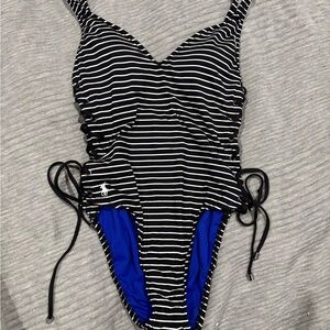 Ralph Lauren Women’s  Black and Blue Striped One Piece (Fit Med or Large)